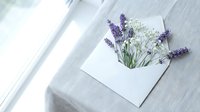 White envelope with fresh lavender and baby's breath flowers on linen fabric near window. Natural light creates soft shadows for romantic correspondence concept.