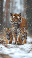 Majestic Bengal tiger mother walking through snowy forest with two cubs during winter snowfall, dramatic wildlife scene with natural bokeh background.