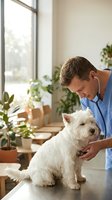 Male veterinarian in blue scrubs examining white terrier dog on examination table in bright clinic with potted plants and window light.