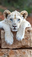 Young white lion cub with striking blue eyes resting on rocky surface, wildlife portrait for nature and animal content projects.