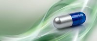 Medical capsule pill with blue and silver coating floating on flowing green abstract waves background for pharmaceutical healthcare design.