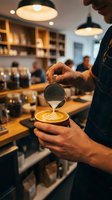 Barista pouring steamed milk into espresso cup creating latte art in busy coffee shop with warm lighting and blurred customers in background.