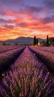 Lavender field at sunset with dramatic orange and purple sky, rustic farmhouse and cypress trees, rows of blooming purple flowers in countryside landscape.