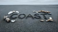 Word COAST written in dark sand surrounded by seashells and driftwood on a moody overcast beach, nature lettering concept.