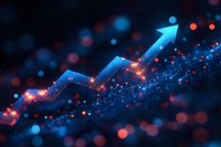 Glowing blue arrow chart showing upward trend with sparkles and bokeh effects on dark background, representing business growth and financial success.
