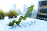 Green glittering arrow rising upward on financial chart background showing growth trend and market success in sustainable investment analysis.