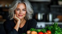 Confident mature woman with silver gray hair smiling in kitchen, fresh vegetables on counter. Natural beauty and healthy lifestyle concept for wellness blogs.