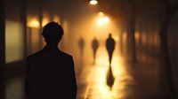 Silhouette of man in dark corridor with mysterious figures walking in distance, illuminated by warm atmospheric lighting. Moody cinematic scene for thriller concepts.