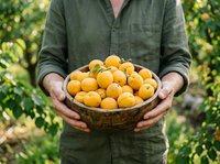 Farmer holding basket of fresh golden oranges in orchard, harvesting citrus fruits for agriculture and food production.