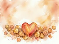 Watercolor heart surrounded by golden coins on soft warm background, symbolizing love, wealth, and generosity for greeting cards and prints.