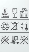 Packaging symbols and shipping icons set including weight limit, fragile glass, stacking boxes, recycling, temperature control and handling instructions.