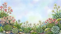 Watercolor garden border with succulents, pink flowers, and ferns on a soft blue background, perfect for cards and nature designs.