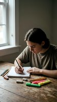 Young Hispanic woman artist drawing in sketchbook at wooden table with colorful markers by window in natural light for creative projects and artistic expression.