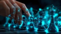 Digital chess pieces glowing with bright turquoise network connections on dark background, hand reaching for strategic move. Modern technology concept for business strategy.