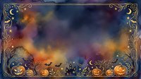 Watercolor Halloween background with golden frame, glowing pumpkins, bats, haunted house, and starry night sky. Perfect for seasonal cards and invitations.