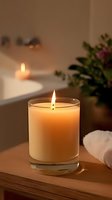 Glowing aromatic candle in glass container on wooden surface with white towel and plants, creating relaxing spa atmosphere for wellness retreat.