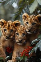Three adorable lion cubs with spotted fur and bright eyes peek through tropical foliage with red flowers, perfect for wildlife magazines, conservation awareness and nature education materials.