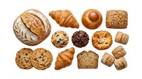 Assorted fresh baked goods including artisan bread, croissants, cookies and rolls isolated on white background for bakery, cafe and food design projects.