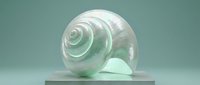 Translucent green glass nautilus shell sculpture with spiral chambers on white pedestal against mint background for modern decor and artistic displays.