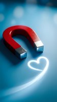 Red horseshoe magnet attracting glowing white heart shape on blue background representing love attraction and romantic magnetism concept.