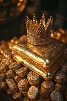 Golden crown placed on stacked gold bars with scattered ancient coins beneath, captured in warm ambient lighting with rich bokeh background effects.