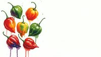 Watercolor hot chili peppers in vibrant colors dripping paint effect isolated on white background for culinary designs and spicy food concepts.