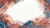 Watercolor abstract frame with warm orange and cool blue tones, featuring decorative clouds and flowing patterns around white central space for text or design placement.