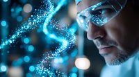 Scientist in protective glasses observing glowing blue particles and light trails in dark laboratory setting, representing advanced research and innovation.
