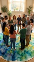 Diverse group of people holding hands in circle during team building workshop in bright room with plants and natural light for corporate training.