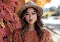 Young Asian woman in beige hat and rust sweater smiling outdoors with colorful autumn foliage background for lifestyle and fashion content.