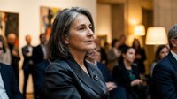 Mature businesswoman with gray hair in professional suit attending corporate conference or meeting in elegant hotel lobby with colleagues in background.
