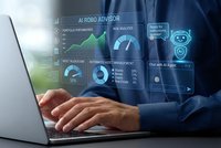 Businessman using laptop with AI robo advisor interface displaying financial analytics, investment management dashboard and automated trading technology.