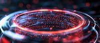 Glowing red and blue circular light trails with bokeh effects create futuristic technology concept against dark background, abstract digital art design.