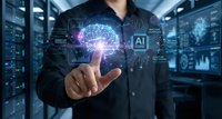 Businessman touching holographic brain with AI interface in modern data center server room showcasing artificial intelligence and machine learning technology.