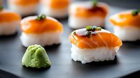Fresh salmon nigiri sushi with wasabi paste on black slate plate, selective focus on rice and raw fish topped with chives, Japanese cuisine presentation.
