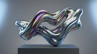 Glossy metallic abstract sculpture with flowing waves and iridescent chrome finish on gray background, suitable for modern art, design, and contemporary decor projects.