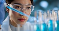 Asian female scientist in protective eyewear examining blue liquid samples in laboratory test tubes during medical or chemical research experiment.