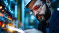 Bearded industrial worker in protective glasses and hardhat examining manufacturing equipment during night shift with dramatic lighting and bokeh effects.