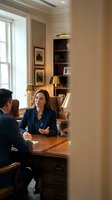 Professional woman of Caucasian ethnicity in navy blazer conducting business meeting with male colleague at wooden desk in elegant office with built-in shelving, framed artwork, and warm lighting. Suitable for corporate, business, and professional services marketing.