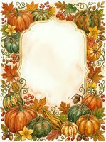 Autumn harvest frame with pumpkins, gourds, fall leaves, and decorative flourishes surrounding blank cream center space for text or design.