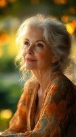 Senior Caucasian woman with silver hair in floral orange dress gazing upward during golden hour sunset, radiating contentment and wisdom against bokeh background.