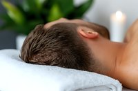 Caucasian male client relaxing on massage table at luxury spa, head on white towel with soft candlelight and green plants in background, wellness concept.