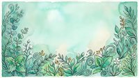 Watercolor botanical border with ornamental foliage, swirling leaves and delicate plants on soft mint background, isolated design element for invitations, cards and decorative projects.