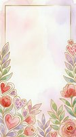 Watercolor floral frame with hearts and botanical elements on soft pastel background, isolated on white. Ideal for wedding invitations, greeting cards, and romantic design projects.