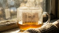 Steaming glass mug of hot tea with Thank You inscription on a rainy windowsill, cozy knit fabric beside it, warm autumn mood.