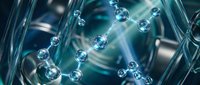 Molecular structure with floating spheres and connecting bonds in blue-green laboratory environment for scientific research and chemistry education.