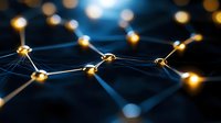 Glowing network nodes connected by blue light beams against dark background create futuristic technology visualization representing digital connectivity.