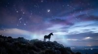 Majestic unicorn silhouette standing on rocky cliff under starry night sky with crescent moon and purple aurora lights creating magical fantasy landscape scene.