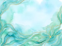 Turquoise and gold watercolor waves with flowing organic shapes and swirling patterns on white background. Elegant abstract design suitable for backgrounds, invitations, and digital projects.