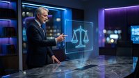 Senior Caucasian male lawyer presenting holographic justice scales in modern high-tech courtroom with futuristic digital interface and neon lighting.
